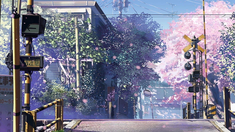 Makoto Shinkai Style Japanese Railway Crossing With Cherry Blossoms And Lush Greenery HD wallpaper