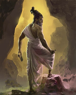 Thiruvalluvar Standing in a Golden Cave with Sword and Scroll HD phone wallpaper