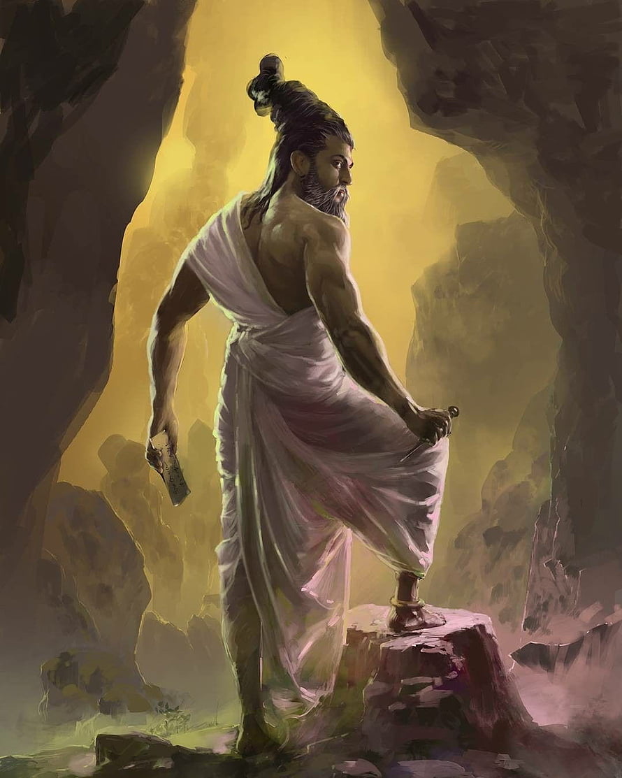 Thiruvalluvar Standing in a Golden Cave with Sword and Scroll HD phone wallpaper
