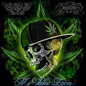 Skull Wearing Baseball Cap With Cannabis Leaves And Green Smoke HD phone wallpaper