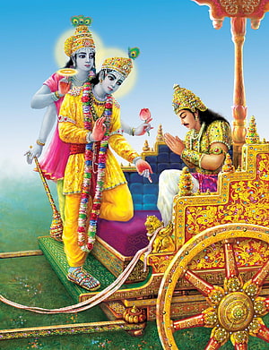 Lord Krishna and Arjuna on a Golden Chariot in Traditional Indian Art HD phone wallpaper