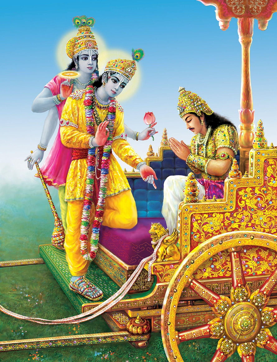 Lord Krishna and Arjuna on a Golden Chariot in Traditional Indian Art HD phone wallpaper