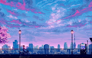 Dreamy Anime Cityscape with Tokyo Tower and Cherry Blossoms at Dusk HD wallpaper