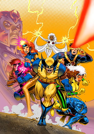 X-Men Team Action Illustration Featuring Wolverine, Cyclops, Jean Grey, Storm, Gambit, Rogue, and Beast HD phone wallpaper