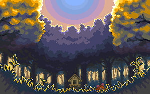 Pixel Art Forest Scene with Small House and Autumn Trees HD wallpaper