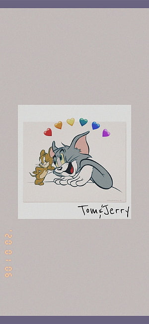 Tom and Jerry Cute Cartoon Illustration with Rainbow Hearts on a Polaroid Frame HD phone wallpaper