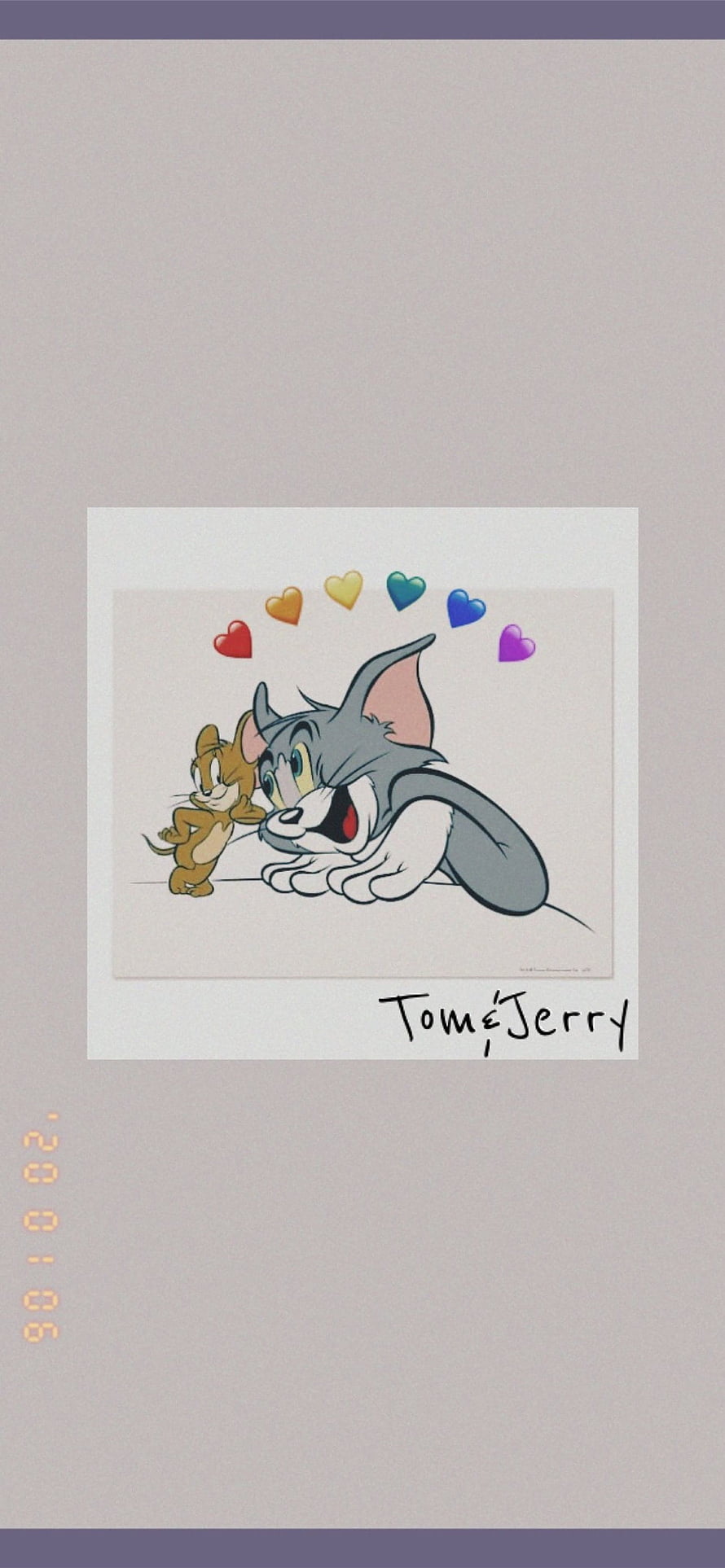 Tom and Jerry Cute Cartoon Illustration with Rainbow Hearts on a Polaroid Frame HD phone wallpaper