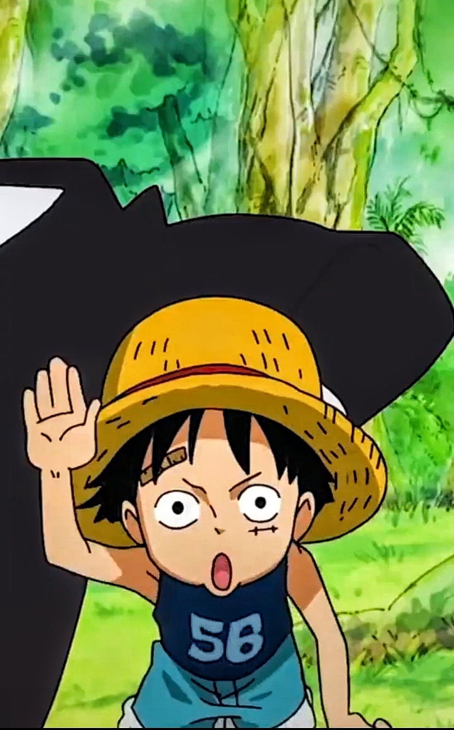 Young Luffy Waving in a Lush Green Forest from One Piece HD phone wallpaper