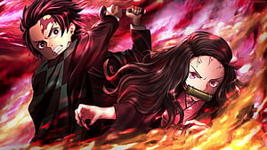 Tanjiro and Nezuko Demon Slayer Anime Artwork with Fiery Red Background HD wallpaper