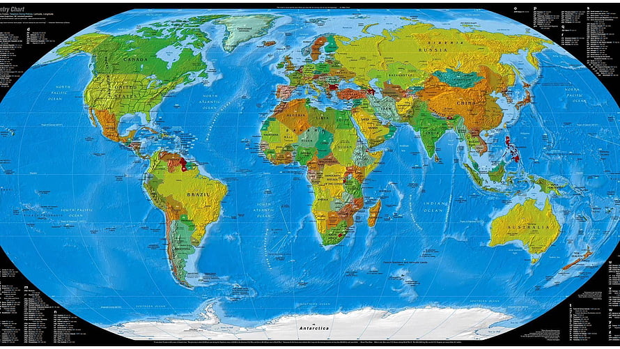 Detailed Political World Map with Topographic Relief and Country Borders HD wallpaper