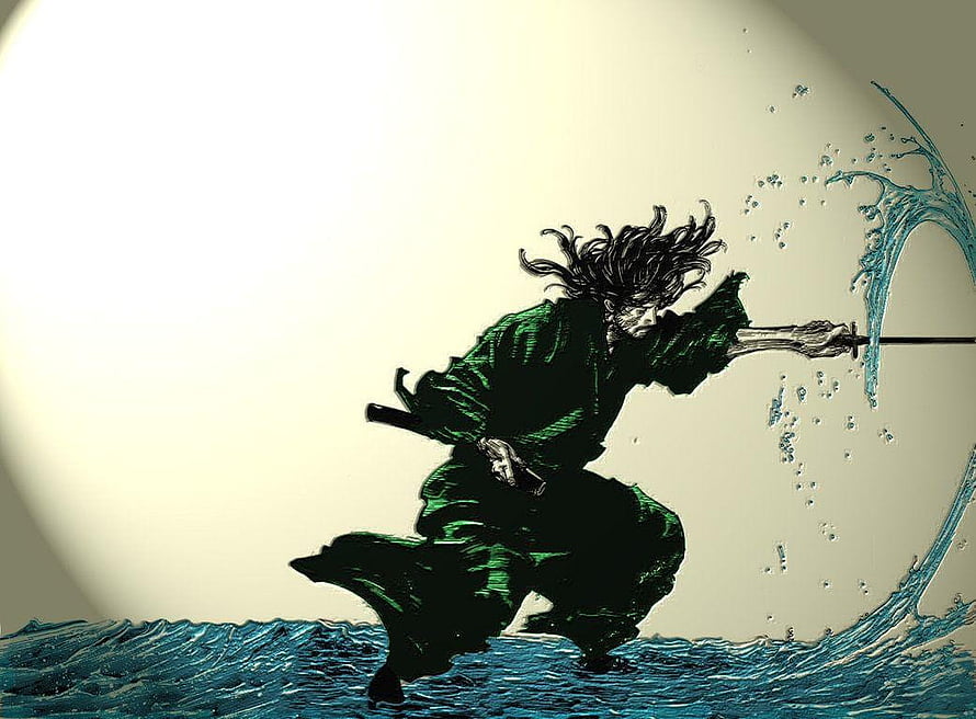 Miyamoto Musashi in Green Robe Wielding Sword Amidst Ocean Waves HD wallpaper