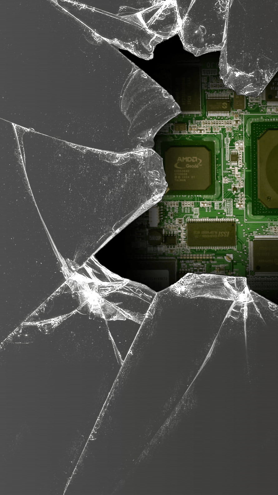 Broken Glass Overlay Revealing Green AMD Geode Circuit Board HD phone wallpaper