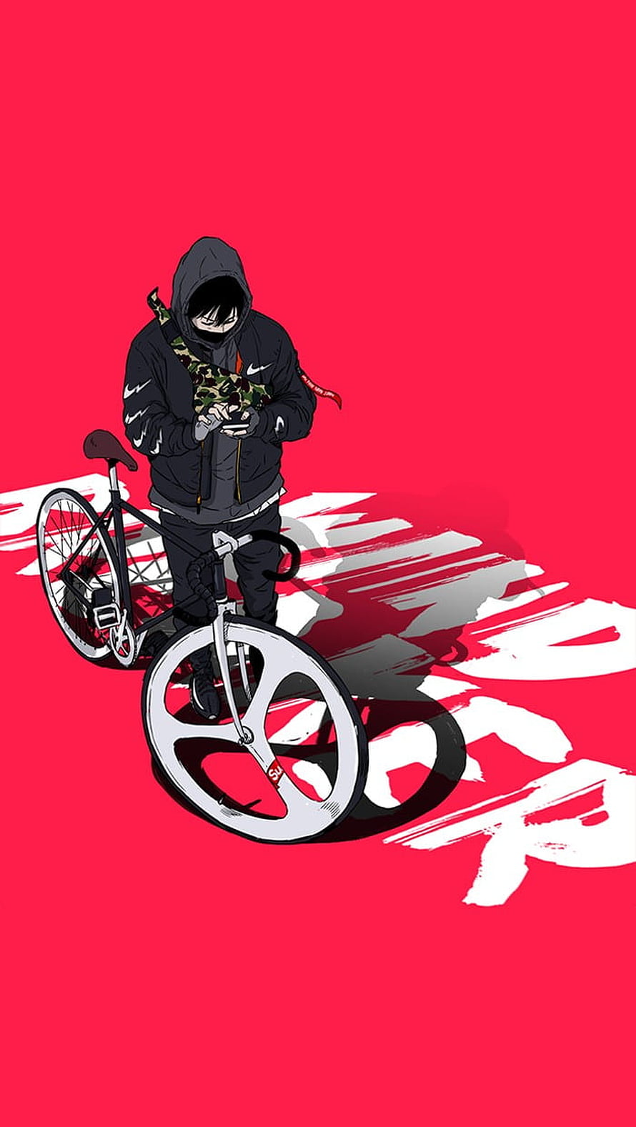 Anime Character in Black Hoodie with Bicycle on Red Background HD phone wallpaper