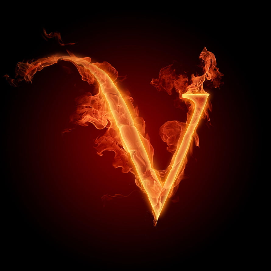 Fiery Letter V Alphabet Symbol Made of Burning Flames and Smoke on Dark Background HD phone wallpaper