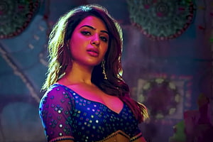 Samantha in vibrant blue ethnic blouse with dramatic pink and purple lighting HD wallpaper