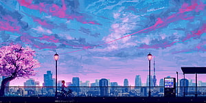 Dreamy Anime Cityscape with Cherry Blossoms and Twilight Skyline HD wallpaper