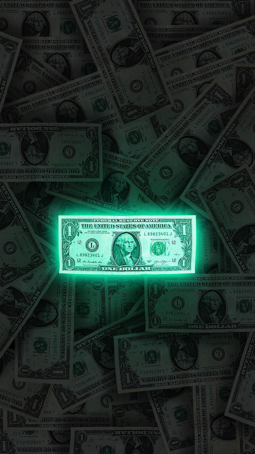 Glowing One Dollar Bill Highlighted Against Dark Scattered Currency Background HD phone wallpaper