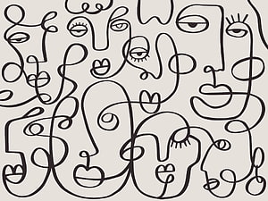Continuous line art abstract faces in a minimalist black and white pattern HD wallpaper