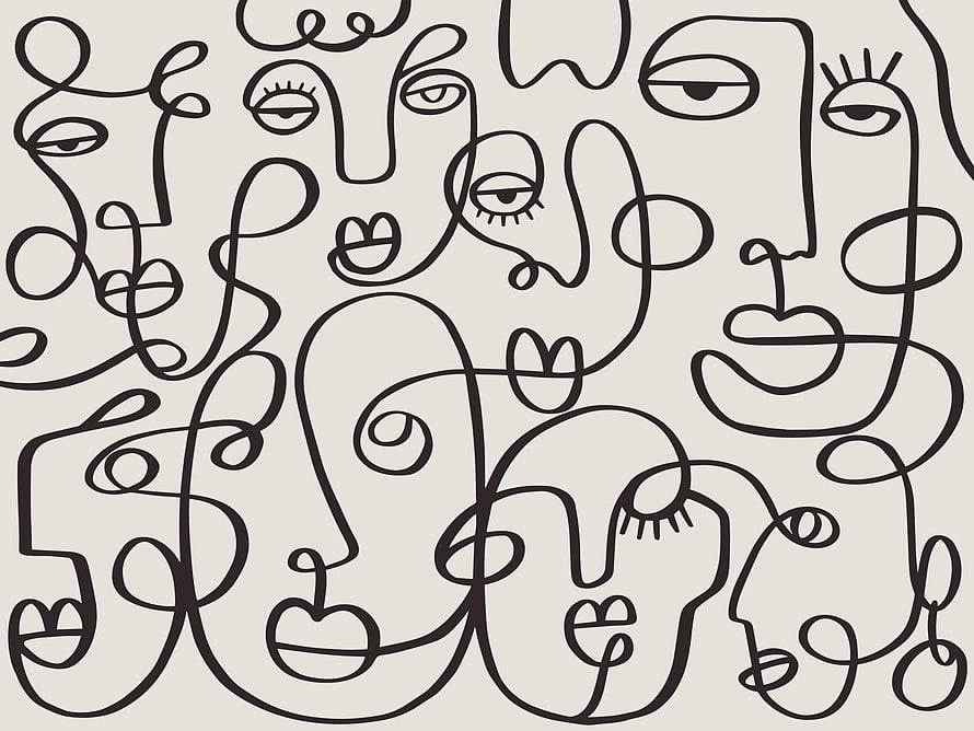 Continuous line art abstract faces in a minimalist black and white pattern HD wallpaper
