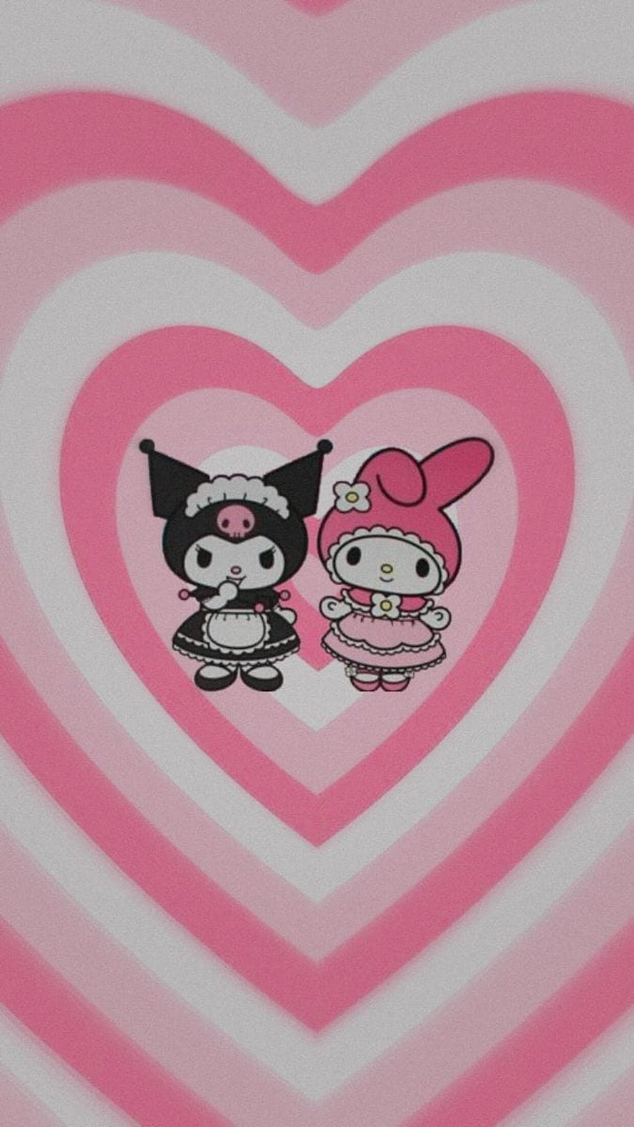 Cute Kuromi and My Melody Standing Together on Pink Heart Background HD phone wallpaper