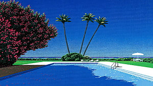 Hiroshi Nagai Tropical Pool Scene with Palm Trees and Blossoming Tree HD wallpaper