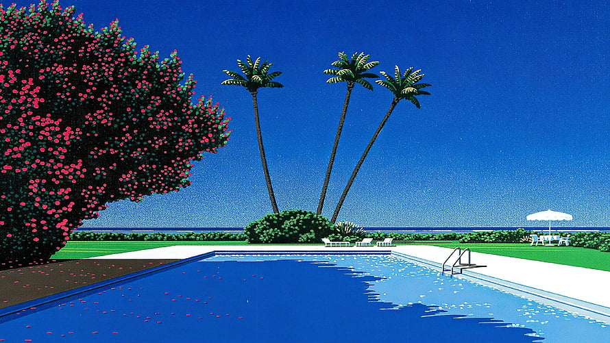 Hiroshi Nagai Tropical Pool Scene with Palm Trees and Blossoming Tree HD wallpaper