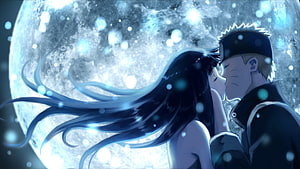 Naruto and Hinata Sharing a Tender Moment Under a Glowing Full Moon HD wallpaper
