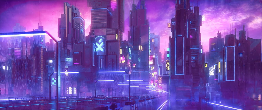 Neon Cyberpunk Cityscape With Futuristic Skyscrapers And Rainy Streets HD wallpaper