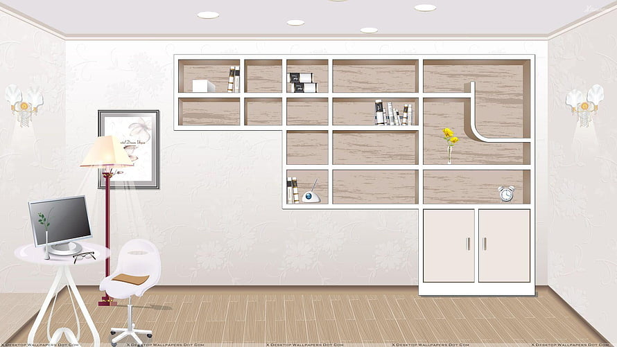 Modern Home Office Interior Design with Built-in Wall Shelves and Minimalist Desk Setup HD wallpaper