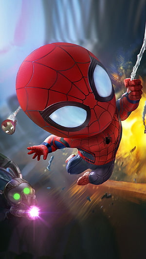 Chibi Spider-Man Swinging Through Explosive Marvel Battle Scene, Baby Spider Man Mobile, chibi marvel cartoon HD phone wallpaper