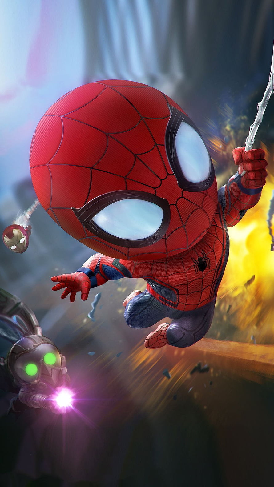 Chibi Spider-Man Swinging Through Explosive Marvel Battle Scene, Baby Spider Man Mobile, chibi marvel cartoon HD phone wallpaper