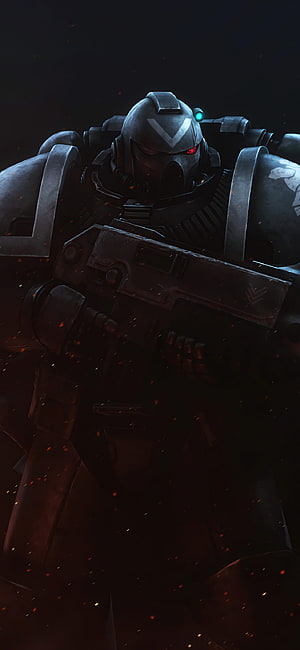 Dark Sci-Fi Soldier in Heavy Armor Holding Weapon Amidst Glowing Embers HD phone wallpaper