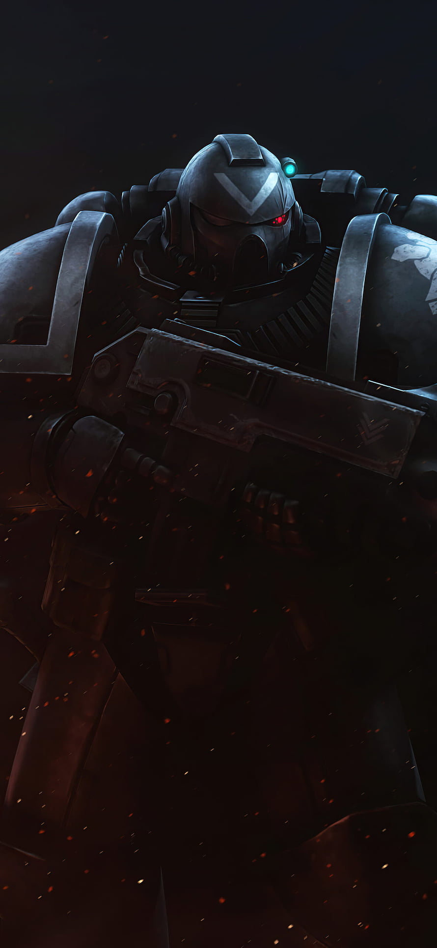 Dark Sci-Fi Soldier in Heavy Armor Holding Weapon Amidst Glowing Embers HD phone wallpaper