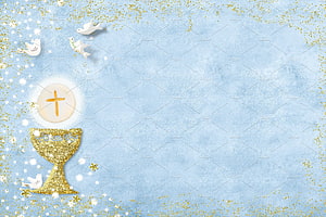 First Holy Communion Invitation Card with Golden Chalice and White Doves on Blue Background HD wallpaper