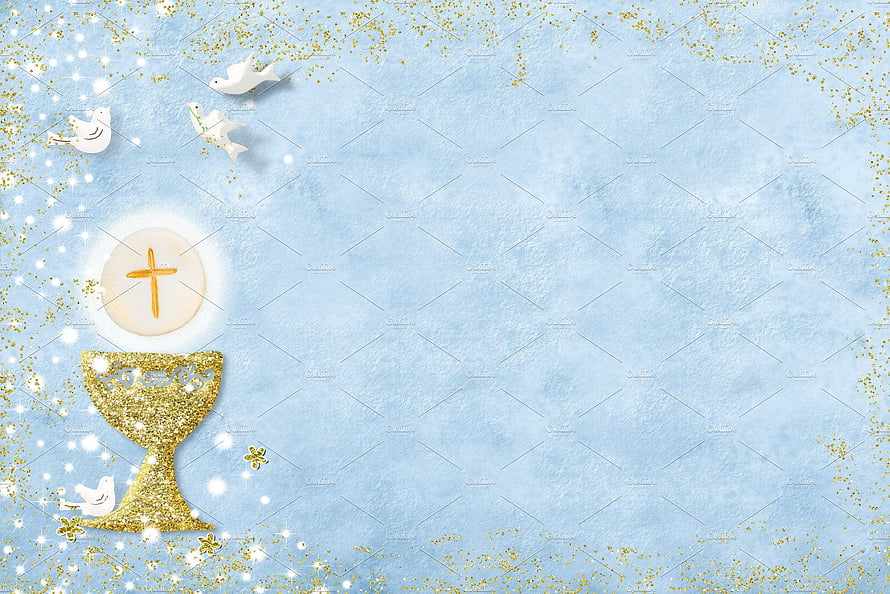 First Holy Communion Invitation Card with Golden Chalice and White Doves on Blue Background HD wallpaper