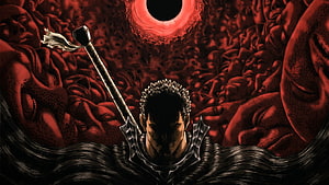 Berserk Guts with Dragon Slayer Sword Amidst Crimson Faces and Eclipse HD wallpaper