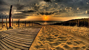 Dramatic Beach Sunset with Wooden Boardwalk and Sand Dunes HD wallpaper