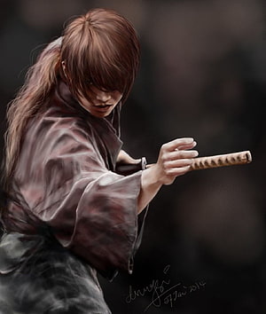 Himura Kenshin from Rurouni Kenshin in a dramatic digital painting holding a katana HD phone wallpaper