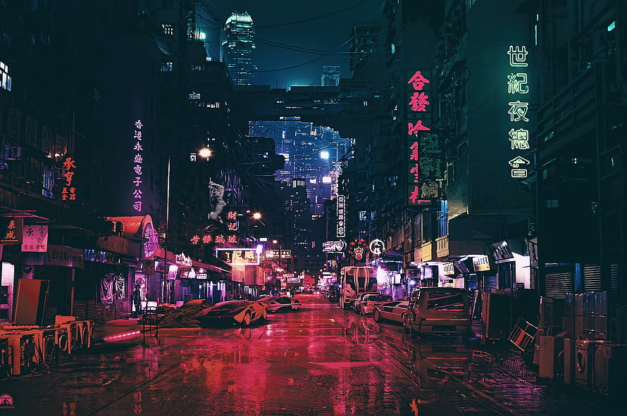 Neon-lit cyberpunk street scene with wet pavement reflecting pink and blue lights, featuring Chinese signage and futuristic cityscape HD wallpaper