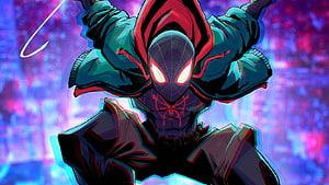 Miles Morales Spider-Man in Hooded Suit with Neon Glitch Art Style, 1366x768 Spider Man Miles Morales Artwork 1366x768 Resolution , Backgrounds, and, spider man and miles HD wallpaper