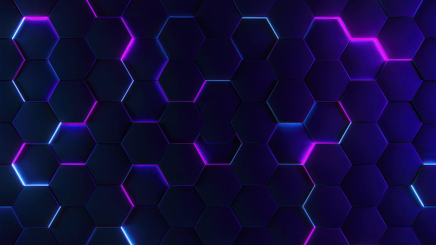 Neon Purple Hexagonal Grid Pattern with Glowing Blue and Magenta Edges on Dark Background HD wallpaper