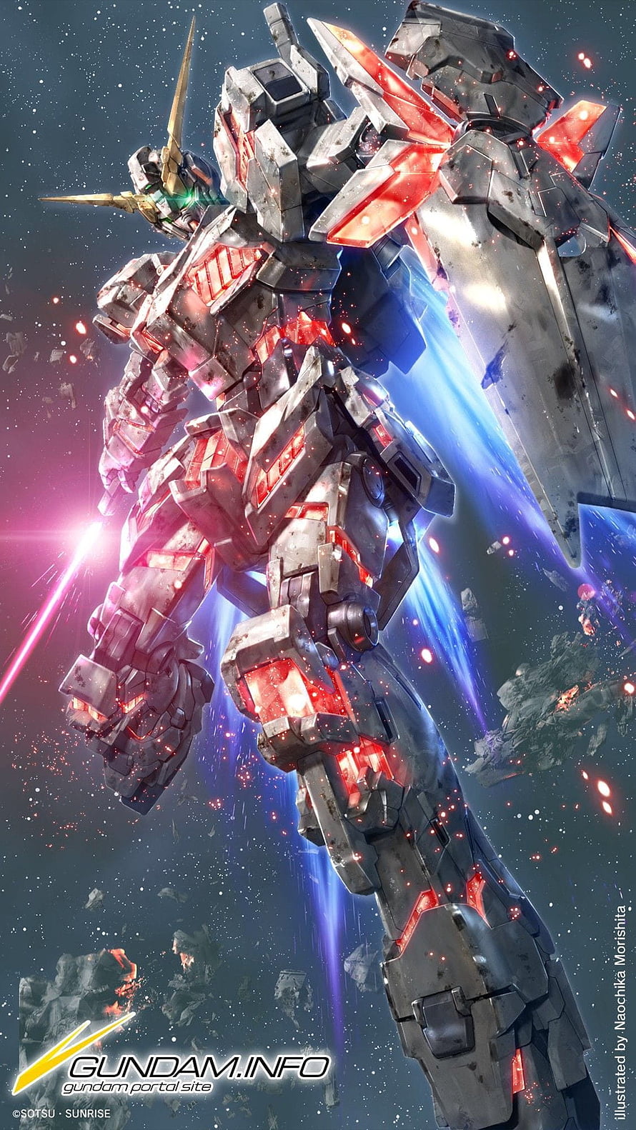 Gundam Unicorn Battle Artwork with Red Glowing Armor in Space HD phone wallpaper
