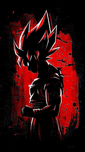 Dark Silhouette of Goku in Dragon Ball Z with Fiery Red and Black Ink Splatter Background HD phone wallpaper