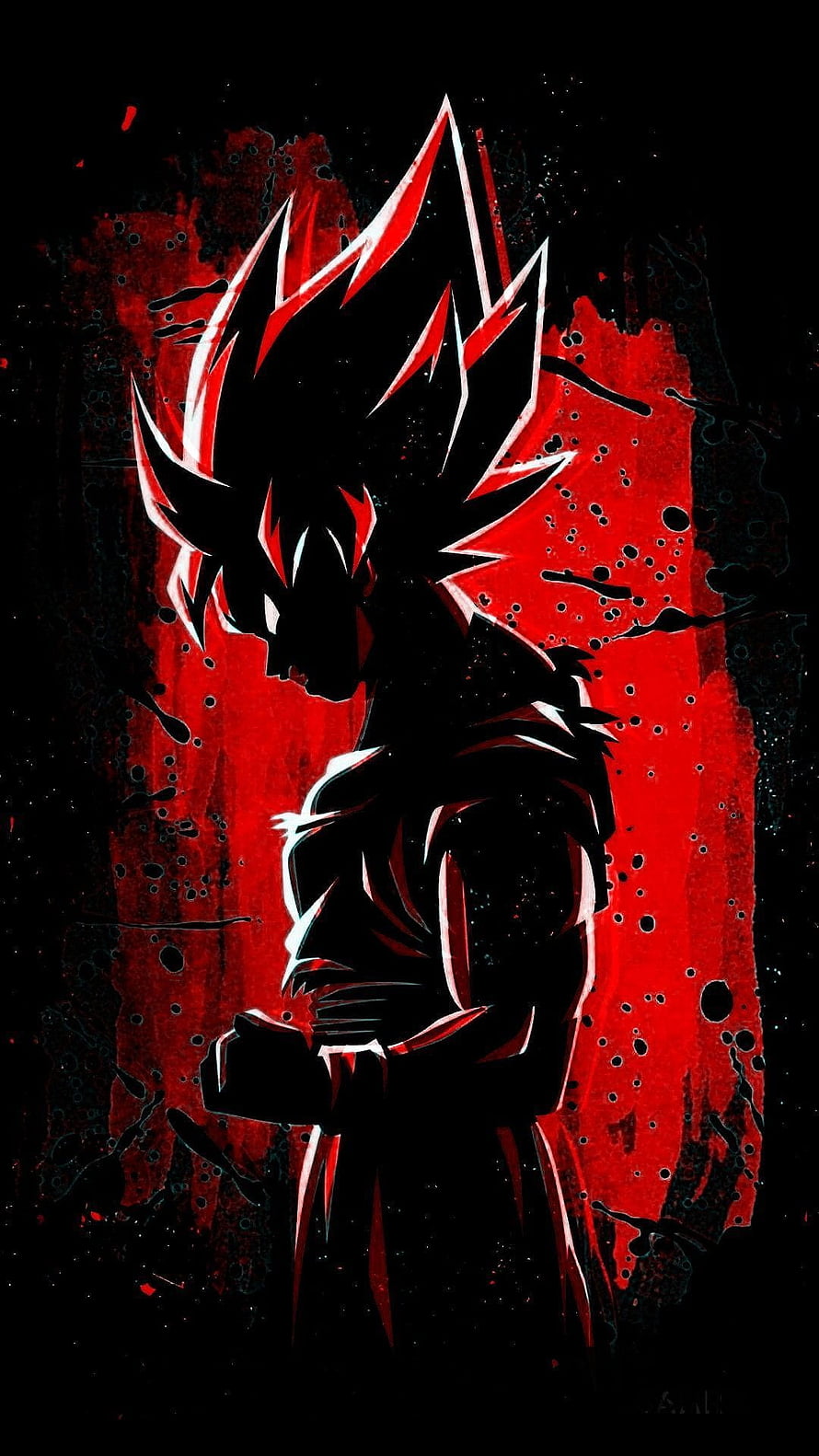 Dark Silhouette of Goku in Dragon Ball Z with Fiery Red and Black Ink Splatter Background HD phone wallpaper