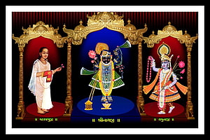 Shrinathji Mahaprabhuji and Yamunaji Devotional Artwork with Ornate Golden Archways HD wallpaper