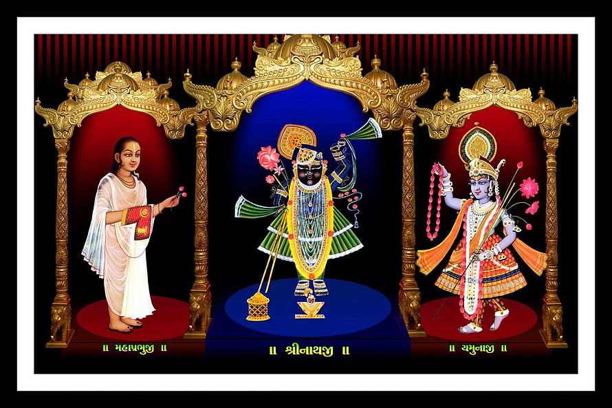 Shrinathji Mahaprabhuji and Yamunaji Devotional Artwork with Ornate Golden Archways HD wallpaper