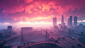 Vibrant Pink Sunset Over Futuristic City Skyline With Highway Interchange HD wallpaper