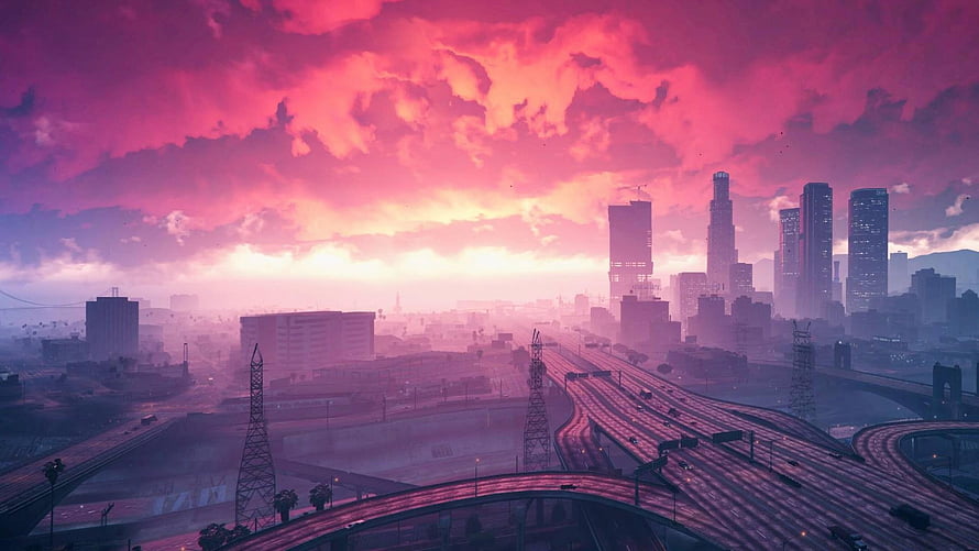 Vibrant Pink Sunset Over Futuristic City Skyline With Highway Interchange HD wallpaper