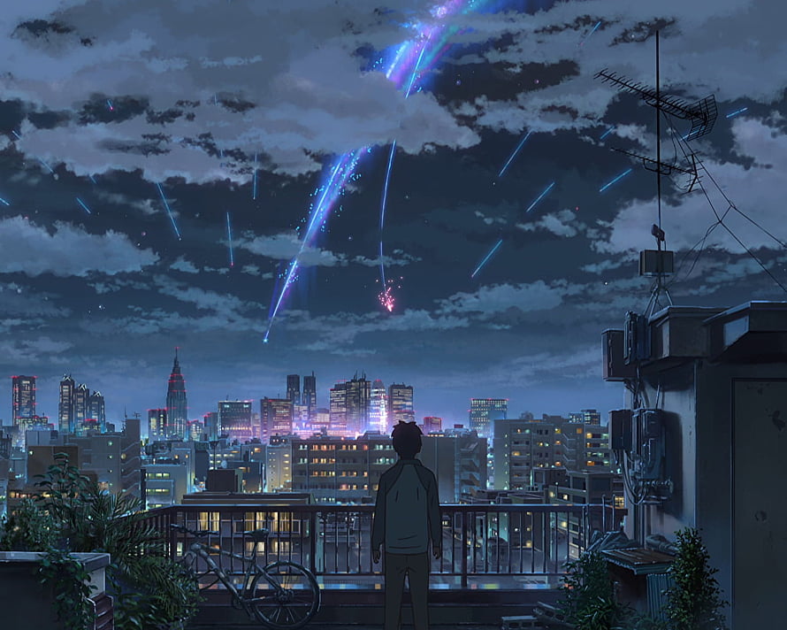 Anime Boy Watching Meteor Shower Over City Skyline at Night HD wallpaper