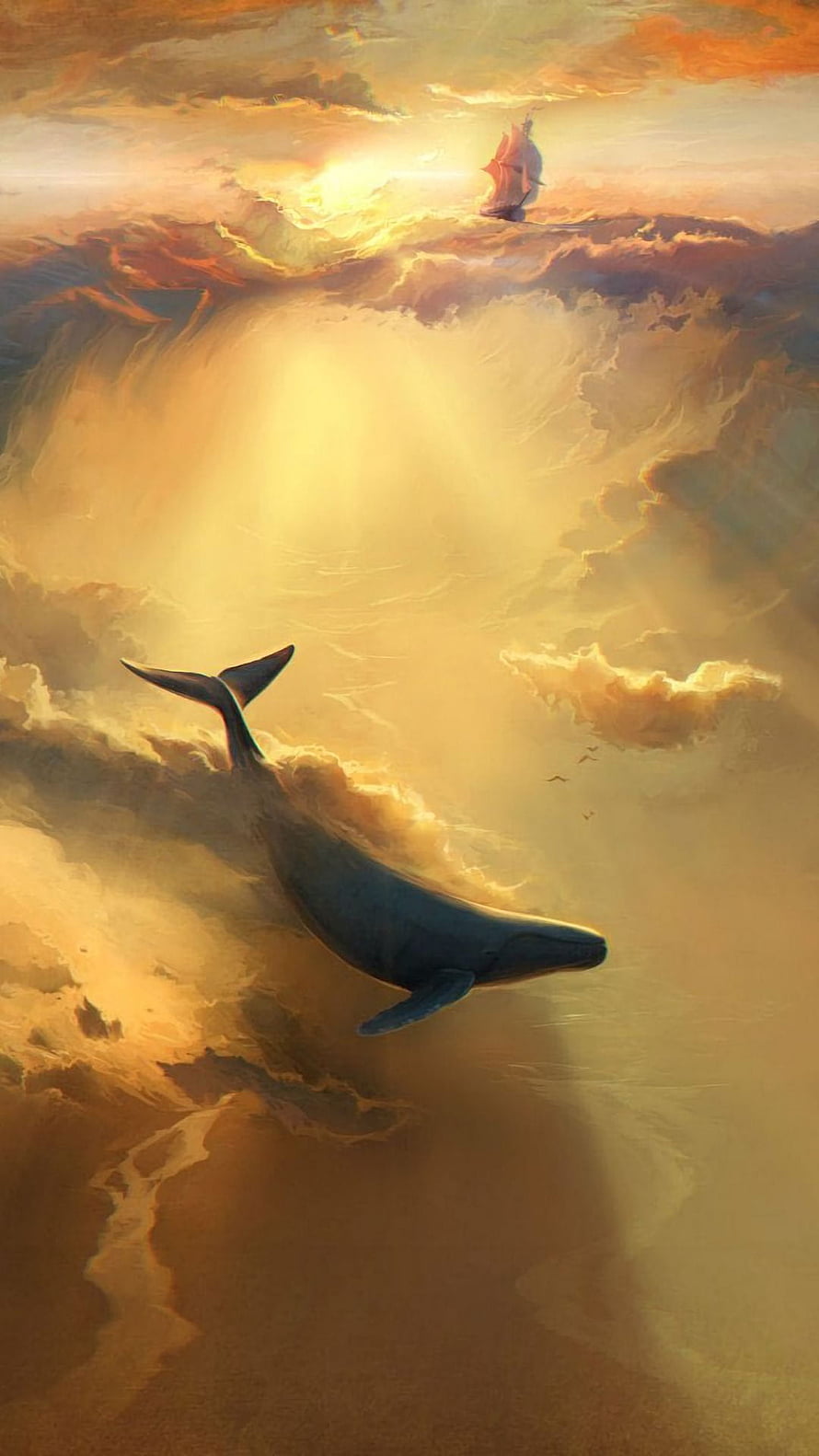 Surreal Fantasy Whale Soaring Through Golden Sunset Clouds with Distant Sailboat HD phone wallpaper